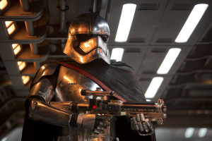 Gwendoline Christie portrays the first female villain in a “Star Wars” movie, Captain Phasma.