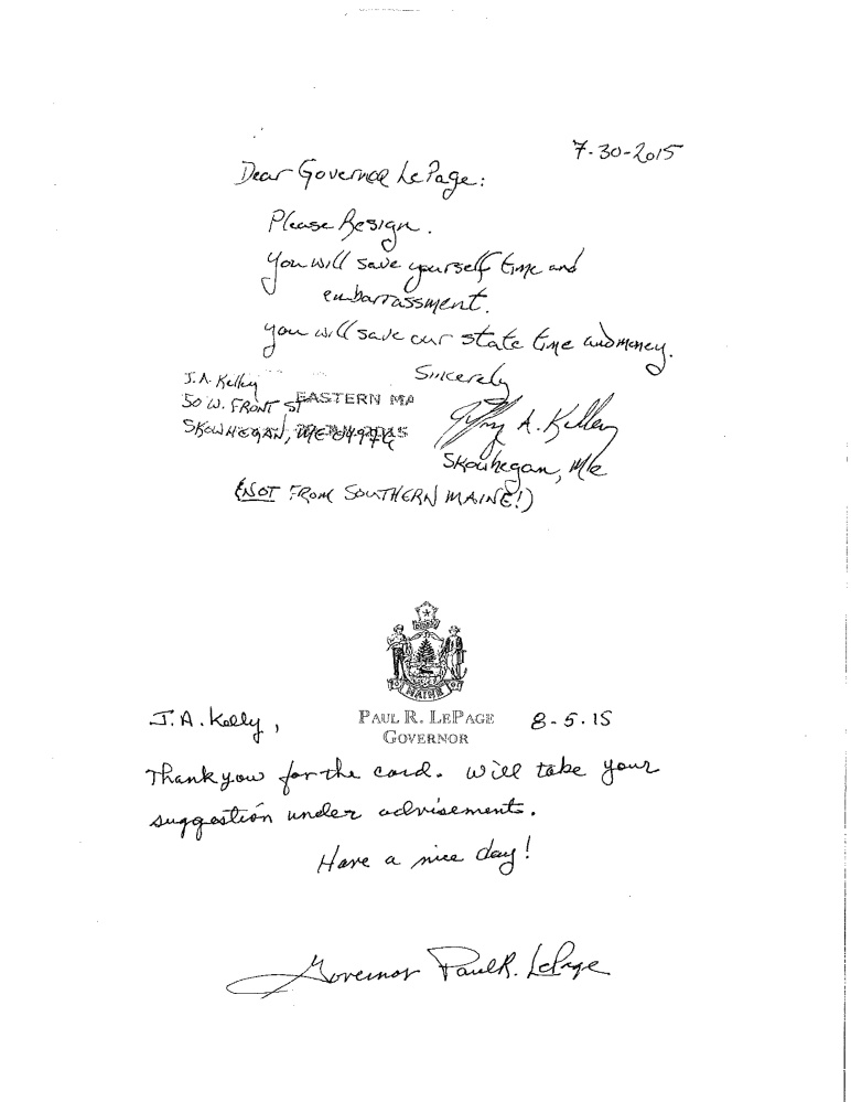 A 2015 exchange of handwritten notes between Gov. LePage and a citizen