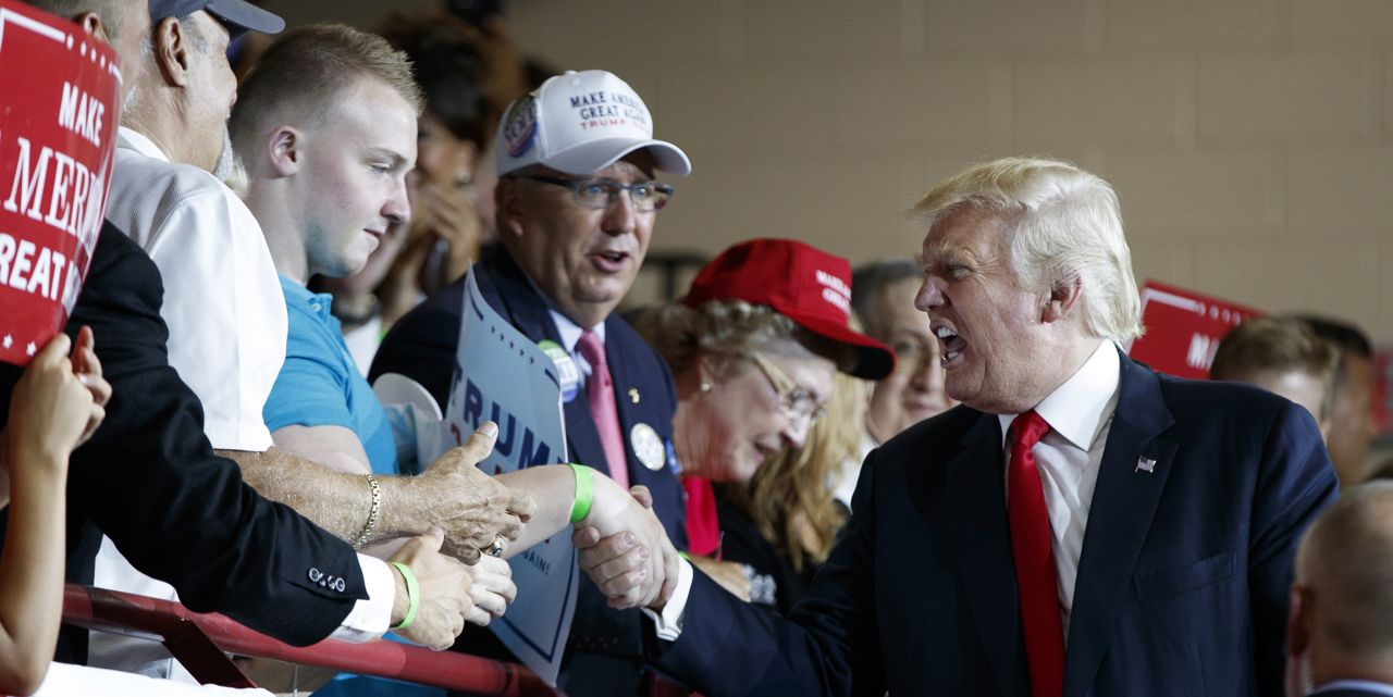 Republican presidential candidate Donald Trump works the crowd during a campaign rally at Cumberland Valley High School, Monday in Mechanicsburg, Pa. Evan Vucci/Associated Press