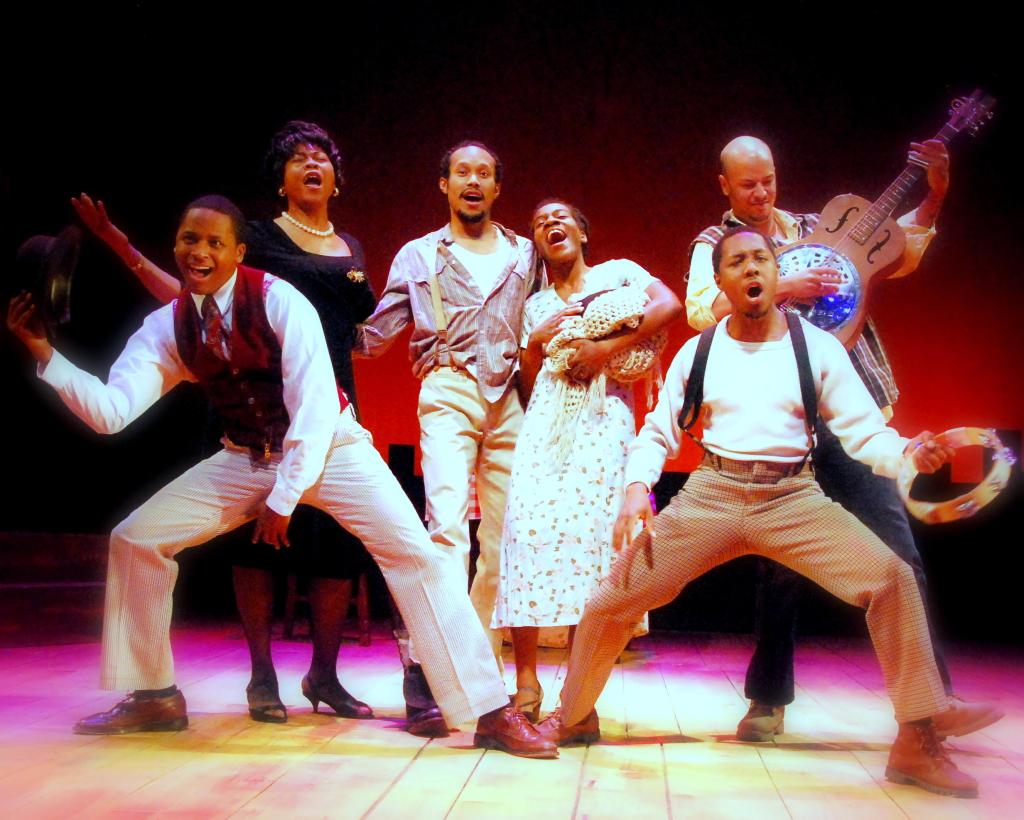The company of “Spunk,” from left: Alan Tyson, Chavez Ravine, Jonathan McCrory, Angie Browne, Eric Lockley and Samuel James. The show, running through March 7 at the Bangor Opera House, is a musical exploration of the black experience in the early 20th century.