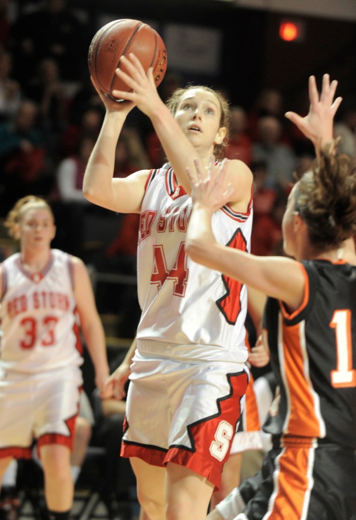 Christy Manning of Scarborough shoots from the baseline. Manning 12 points, nine rebounds, seven assists and two blocke shots.