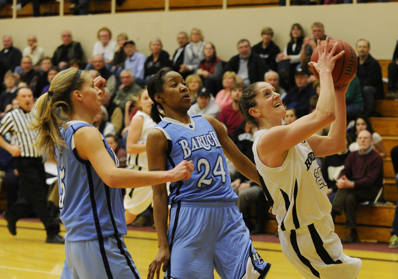 Sabrina Cole of Bowdoin heads to the basket Friday night during a 67-53 victory against Baruch in the opening round of the NCAA Division III tournament at Brunswick. Bowdoin ran when it had to and also slowed the game against a fast-paced, high-scoring opponent.