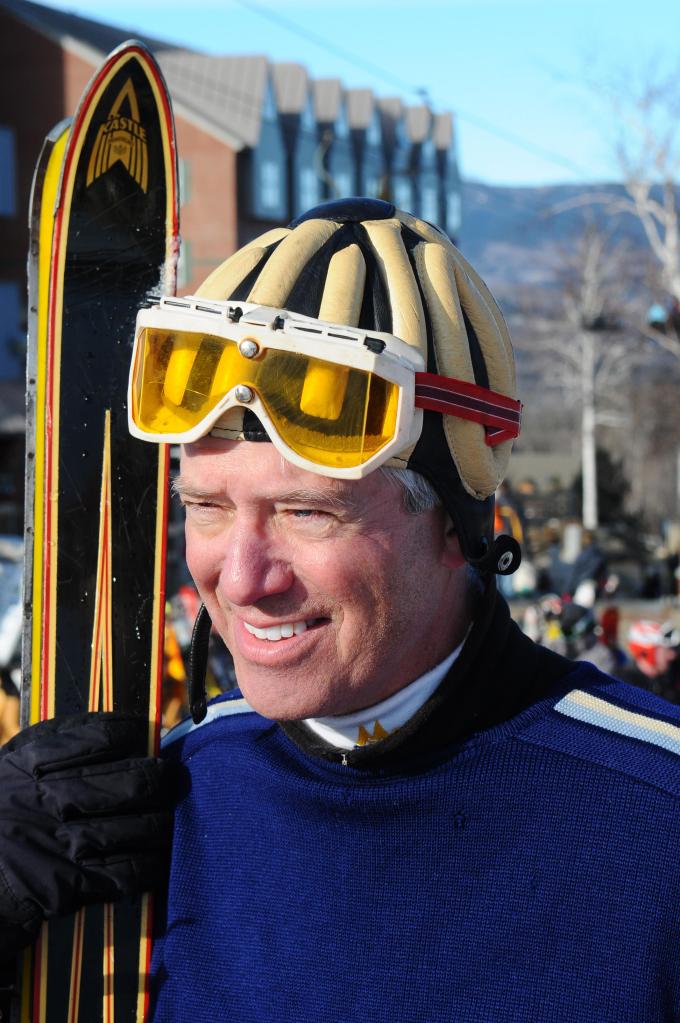 Tom Leahy of Yarmouth gets into the spirit of the Ski Museum Heritage Classic with a pair of 1958 skis.