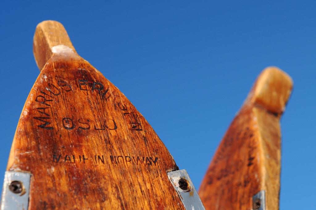 Marius Eriksen hickory ridgetop skis made in Oslo, Norway in 1936 were among the first skis to have metal edges. The skis were made by the father of 1952 Olympic gold medalist Stein Eriksen, and are in Maine ski author Glenn Parkinson’s antique collection.