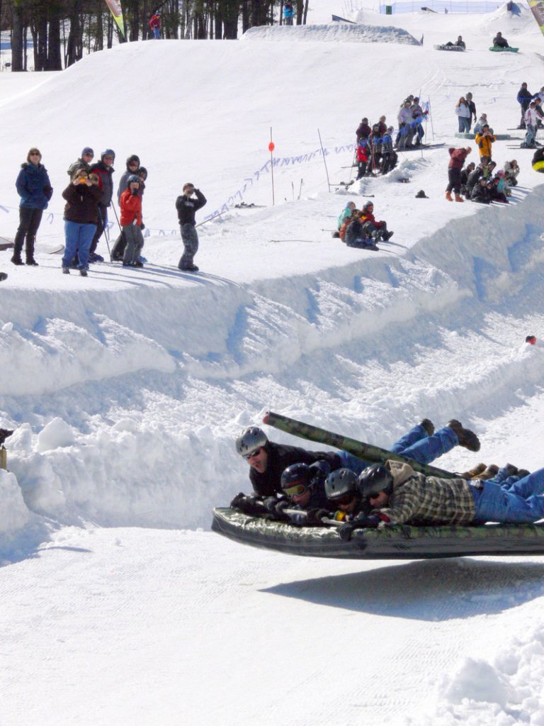 At speeds of 35 mph, Team Tank achieves liftoff at the mattress races last weekend at Shawnee Peak.