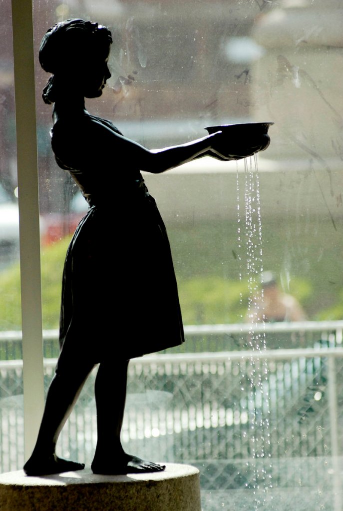 The Little Water Girl sculpture was given a high-visibility spot in the lobby of the newly renovated Portland Public Library.