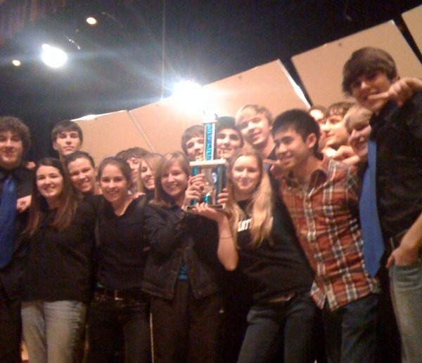 Westbrook High School jazz band members celebrate a win.