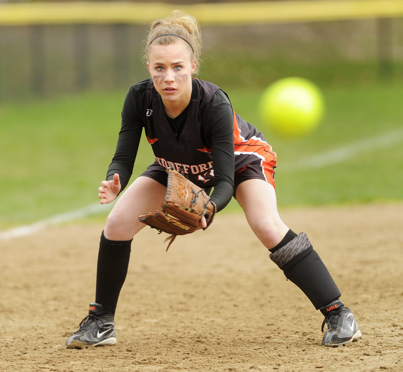 Biddeford third baseman Bryanna Michaud keeps her eye on a ground ball. The Tigers played errorless defense in support of Sarah Gilblair.