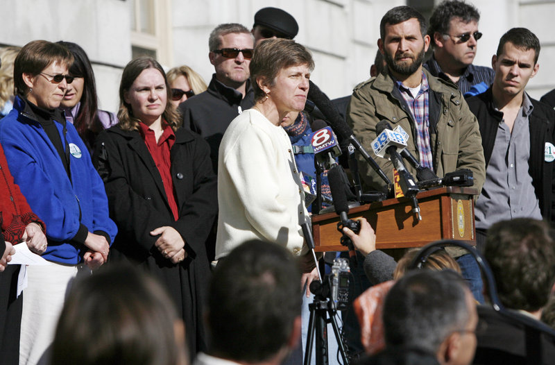 In Portland last fall, Mary Bonauto of Gay & Lesbian Advocates & Defenders addresses supporters of Maine’s same-sex marriage law after it was defeated in a statewide referendum.