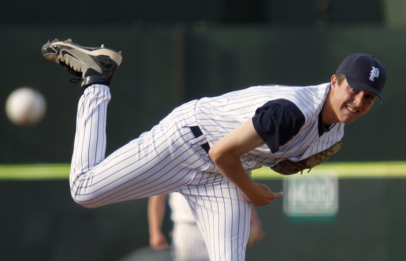 Caleb Fraser, a freshman pitcher for Portland, had a complete game Wednesday for his second victory of the season, holding on through a tough seventh inning for an 8-7 victory against Deering at Hadlock Field.