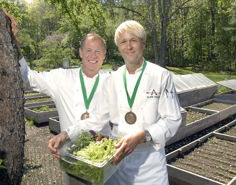 Mark Gaier and Clark Frasier, chef/owners of Arrows and MC Perkins Cove restaurants in Ogunquit, pose with the Best Chef/Northeast medals bestowed on them by the James Beard Foundation. " can't even describe the moment (when the prize was announced in New York)," Gaier says. "I was just so ecstatic and so happy, and wanted to just leap out of my seat."