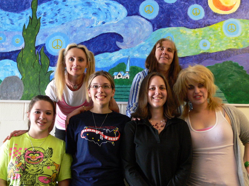 Lake Region arts show participants include, from left, front, Onyx Greenlaw, Angel Beek, visual arts instructor Erin White, Ashley McGinn, and rear, dance instructor Carmel Collins and visual arts instructor Chris Beal.