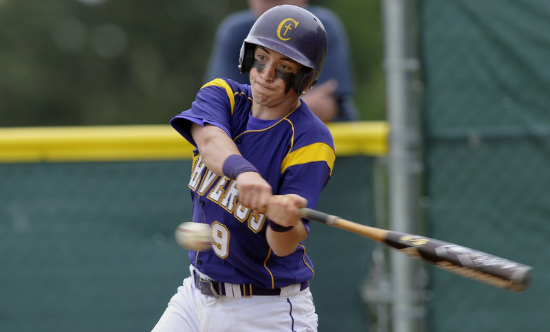 Nic Lops of Cheverus connects for a single for Cheverus, which will close the regular season Tuesday with a game against Deering at Hadlock Field.