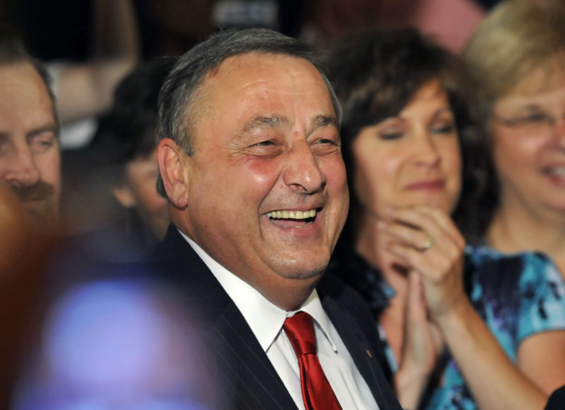 Maine GOP gubernatorial candidate Paul LePage celebrates with supporters at campaign headquarters in Waterville Tuesday night.