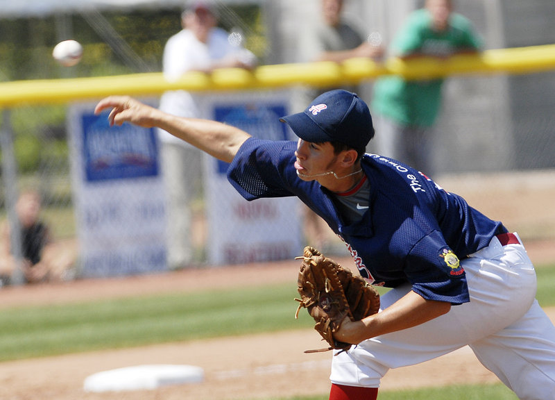 Augusta’s Ryan Minoty delivers a pitch in the first game of Sunday’s championship round. Minoty was the winning pitcher in Augusta’s 13-6 victory, but he took the loss in relief in the second game as Gayton rallied for a 17-16 win.