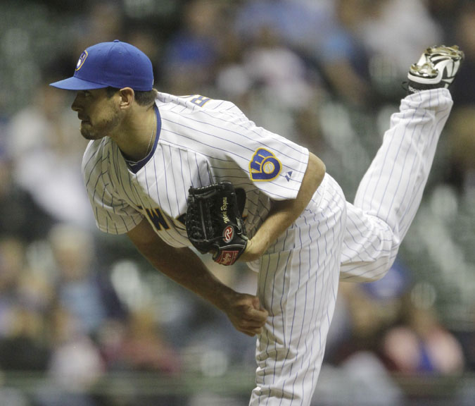 Mark Rogers delivers a pitch during a relief effort for the Milwaukee Brewers. Rogers has not allowed a hit in two innings of work and will get to start Friday's game in Milwaukee against the Florida Marlins.