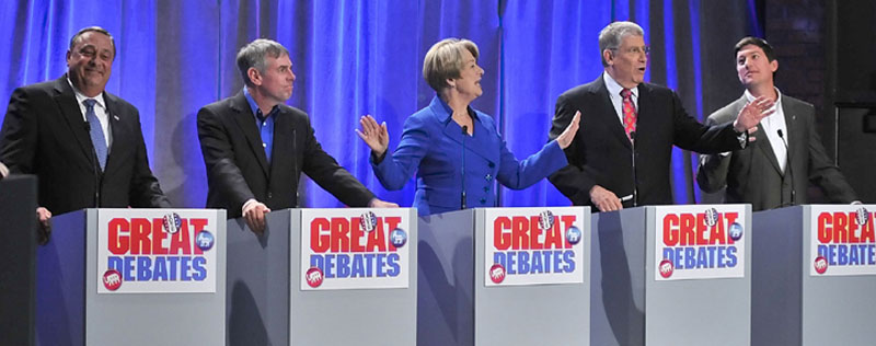 Staff photo by Joe Phelan Candidates Republican Paul LePage, independent Shawn Moody, Democrat Libby Mitchell, independent Eliot Cutler and independent Kevin Scott sparring over what groups have asked them for promises and who has promised what to whom on Saturday night during first of the The Great Debates, sponsored by MaineToday Media Group, WGME TV-13 and WGAN radio, at the University of Maine at Augusta. mitchell lepage scott