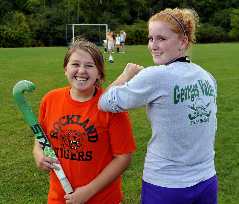 Danielle Bedard still wears her Rockland shirt and Molly Meller has her Georges Valley shirt. But during games now, they’re wearing the same colors.