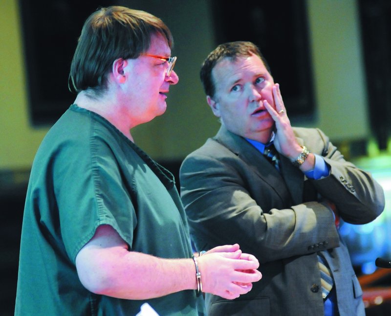 Kenneth McDonald, left, with attorney James Billings, addresses the court during sentencing Wednesday for killing his mother.