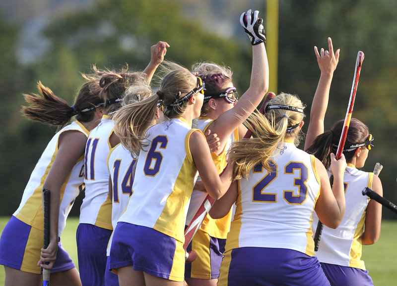 Sarah LaQuerre holds the ball Wednesday after scoring the second-half goal that proved the winner as fourth-seeded Cheverus advanced to the Western Class A field hockey semifinals with a 3-2 victory at home against fifth-ranked Kennebunk. The Stags will meet top-ranked Scarborough.