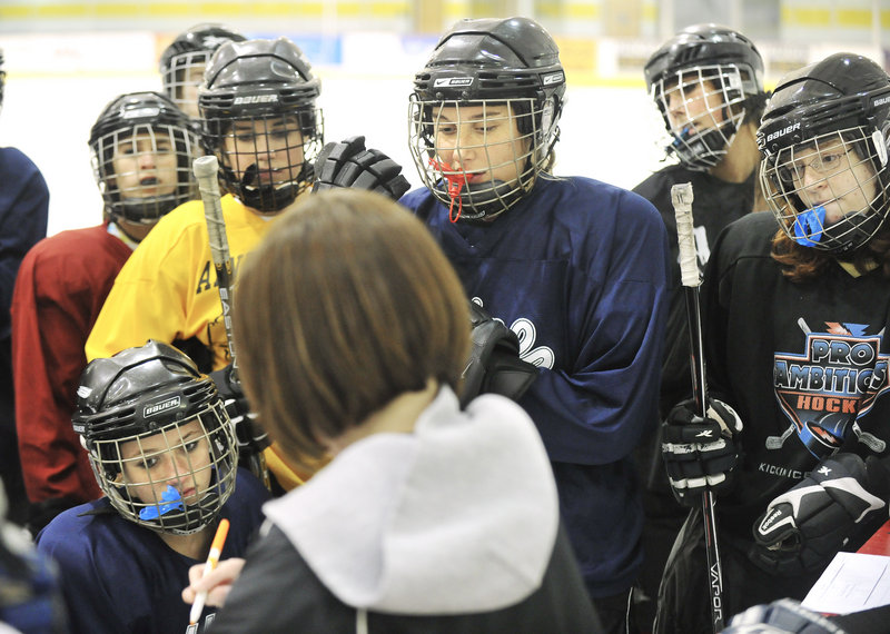 With skates, helmets with screens, mouthguards and likely more than a few sets of sore legs, Maine girls playing high school hockey, including those from Scarborough, shown here, begin preparations this week for another varsity season at rinks from New Hampshire north.