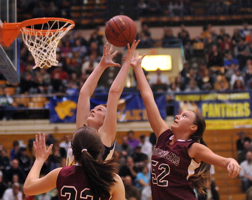 Danielle Watson of Nokomis blocks a shot by Erika Christensen.