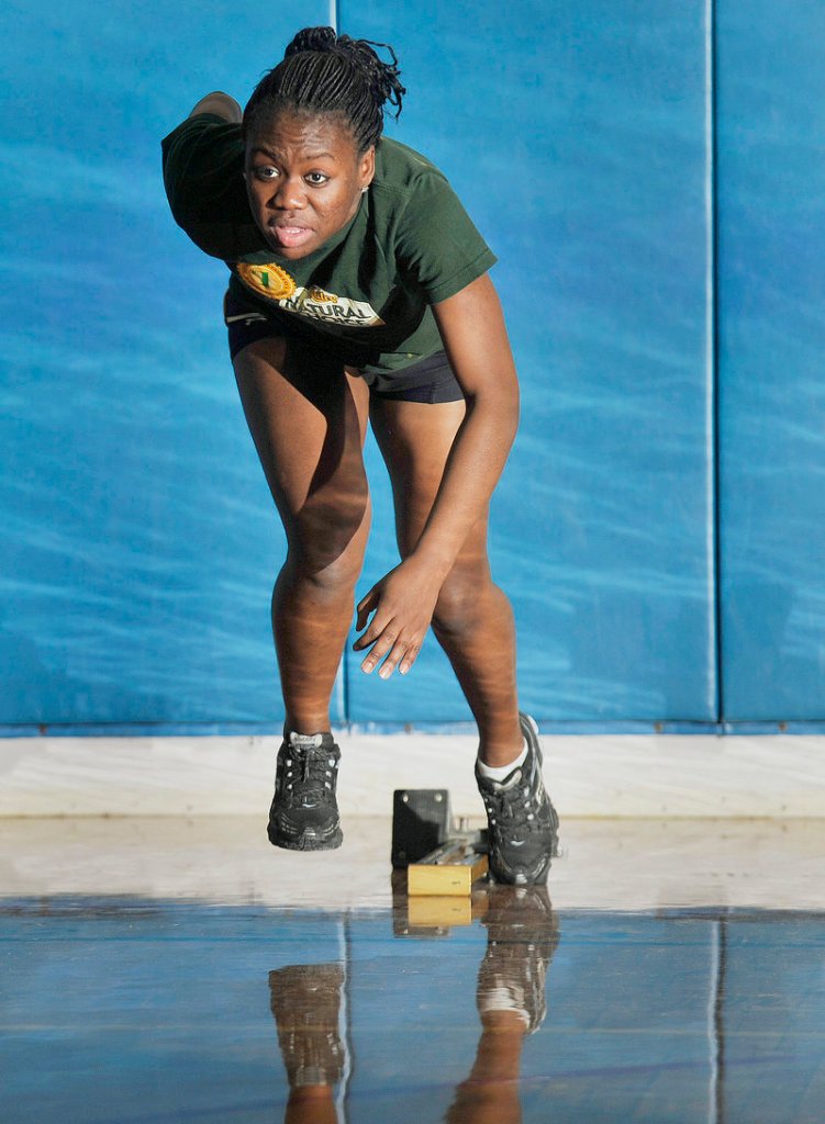 Mary Nyembo, a Portland High senior, has become one the top sprinters in Class A indoor track, putting up a season s best 5.4 seconds in winning the senior 40-yard dash last weekend.