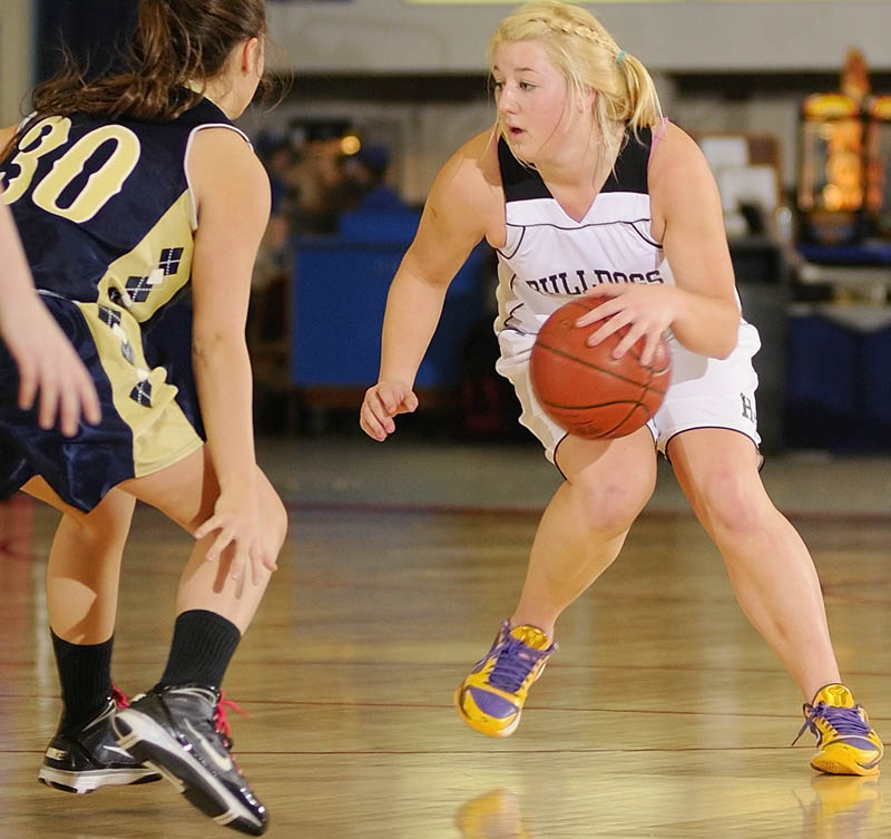 Carylanne Wolfington, right, and the Hall-Dale High School girls basketball team will play Washington Academy in the Class C girls basketball state title game today in Bangor.