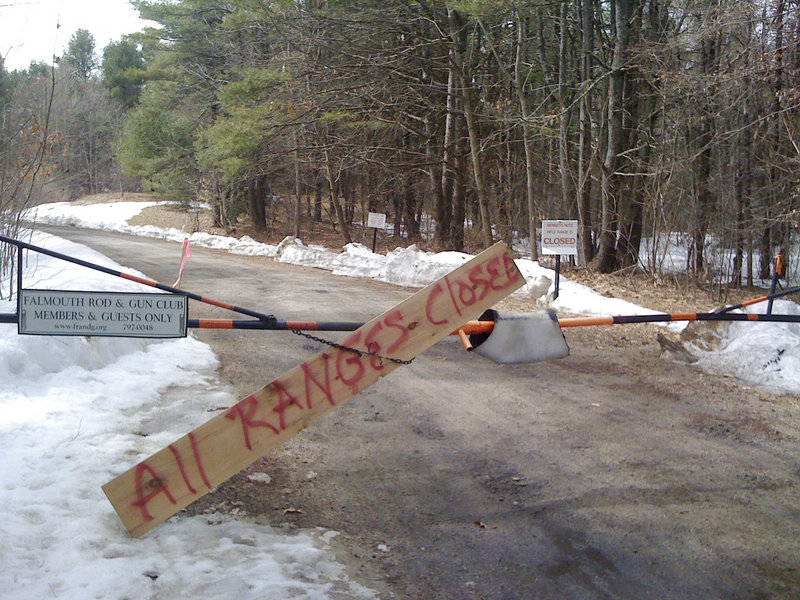 A sign has been posted at the Falmouth Rod and Gun Club to keep people from using the ranges. A code enforcement officer found “serious safety issues” during an inspection.