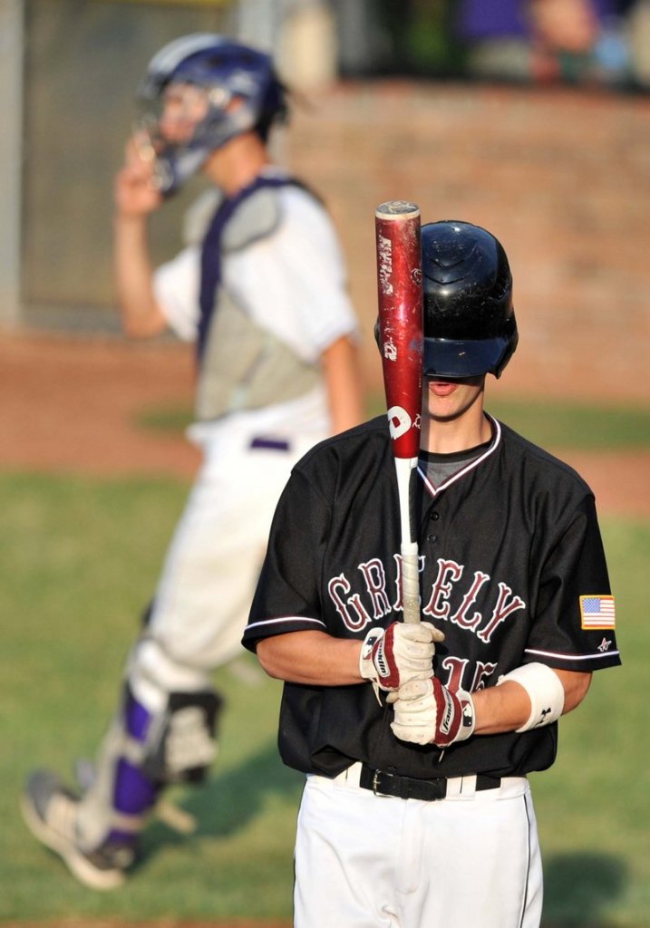 Brad McKenney of Greely reacts after striking out - one of eight strikeouts by Tim Locke of Waterville, who pitched a three-hit shutout.