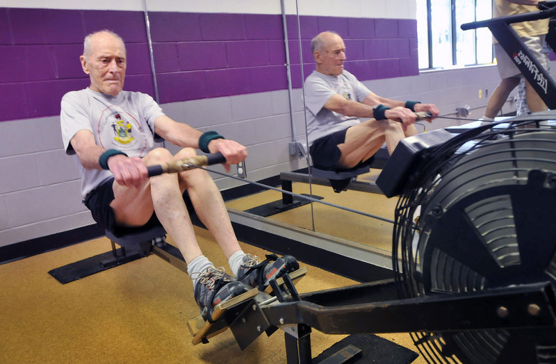 Calvin Dunwoody exercises on a rowing machine at the Northern York County YMCA in Biddeford Thursday.