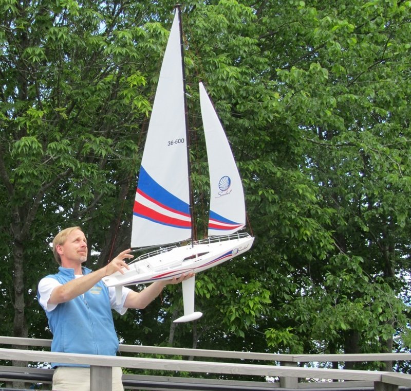 KC Heyniger, the Apprenticeshop's waterfront programs director, poses with a model boat. The Rockland-based boatbuilding school will sponsor a talk on ship modeling and remote-control boating on Thursday.