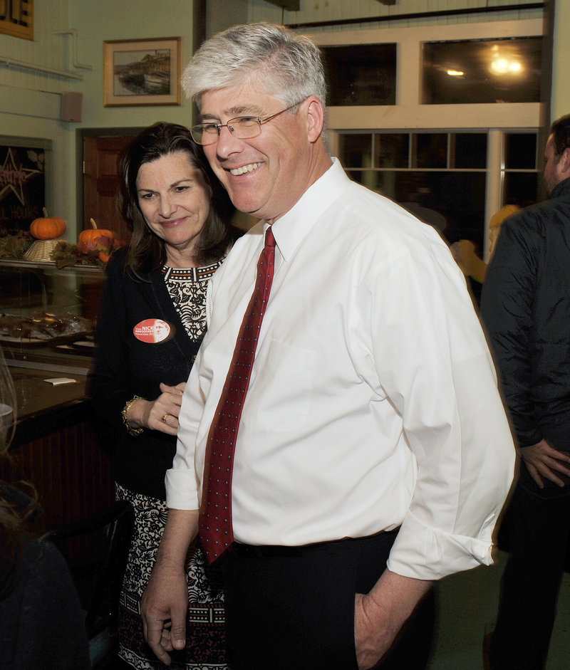 Nicholas Mavodones, Portland’s current mayor, and his wife, Kelly, Hasson, attend his election night party at the Porthole Restaurant. Mavodones had the third-most first-place votes for mayor after Round 1.