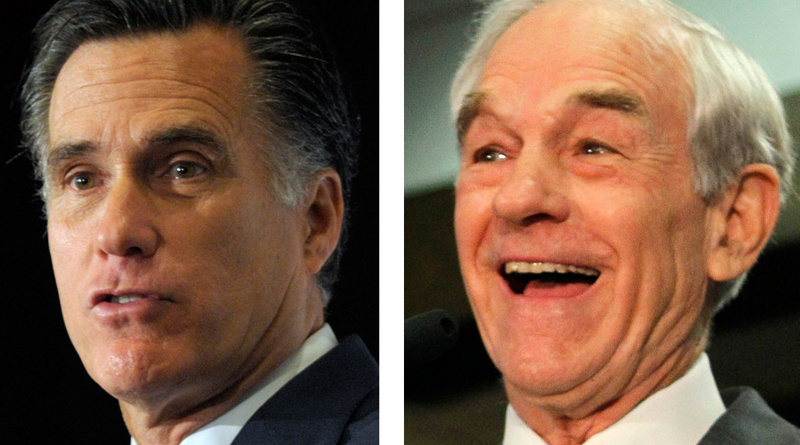 Mitt Romney, left, won the Maine caucuses by a small margin, but supporters of Ron Paul, right, allege bias.