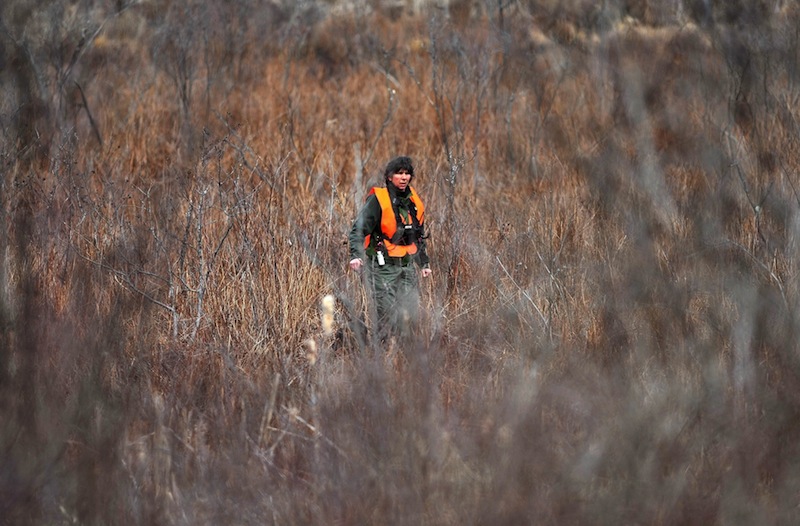 Members of the Maine Search and Rescue Dogs search an area along the side of Heath Court in Oakland for missing toddler Ayla Reynolds on Saturday, March 24, 2012. Authorities have renewed the search for Reynolds in spots that were previously covered in snow.