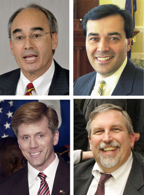 For big-name Maine Republicans entered the U.S. Senate race today in hopes of taking over Olympia Snowe's seat. From the top left, clockwise, they are: State Treasurer Bruce Poliquin, ex-Maine Senate President Rick Bennett Maine Attorney General Bill Schneider and Secretary of State Charlie Summers. Election 2010 Governor