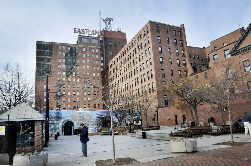 Portland’s Eastland Park Hotel, with Congress Square Park in the foreground. The hotel wants to build a ballroom in the open space.