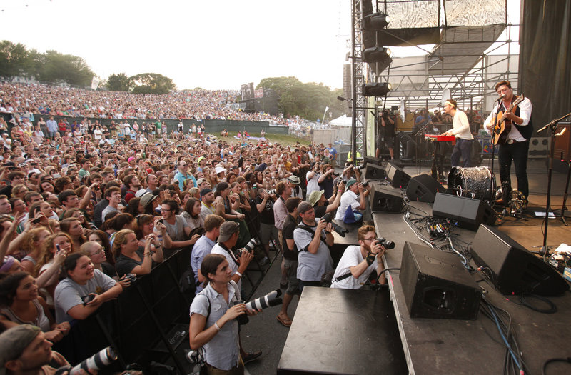 Mumford & Sons performs during the Gentlemen of the Road music festival at the Eastern Prom in Portland on Saturday.