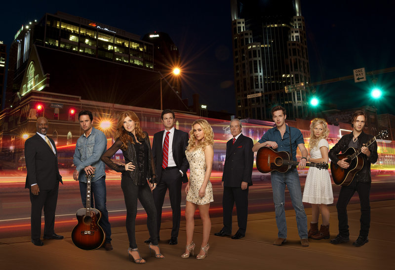 From left, Robert Wisdom, Charles Esten, Connie Britton, Eric Close, Hayden Panettiere, Powers Boothe, Sam Palladio, Clare Bowen and Jonathan Jackson in ABC’s “Nashville.”