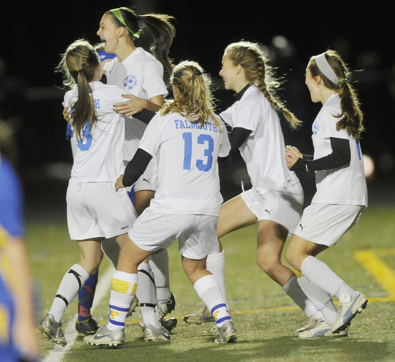 The Falmouth girls celebrated a penalty kick goal in the first half, then went on to capture the Class B title with a 2-1 win over Hermon.