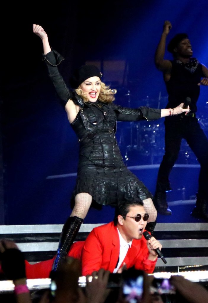 Madonna performs onstage with South Korean rapper PSY during the MDNA concert at Madison Square Garden in New York on Nov. 13. The rapper’s “cheesy” and insanely catchy dance routine even prompted United Nations Secretary-General Ban Ki-moon to say PSY had “unlimited global reach.”