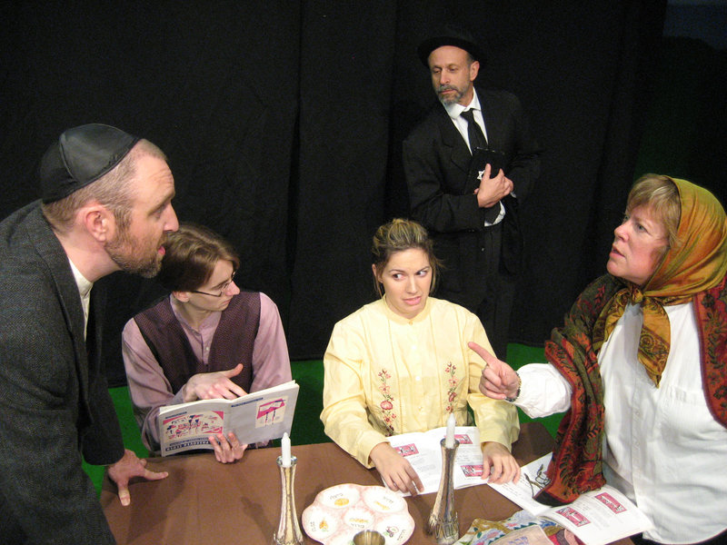 The cast of “The Legend of the Golem” – from left, Josh Brassard, Tristan Rolf, Kara Haupt, Hal Cohen and Brenda Chandler – which concludes its run at Acorn Studio Theater in Westbrook with performances Thursday through Sunday.