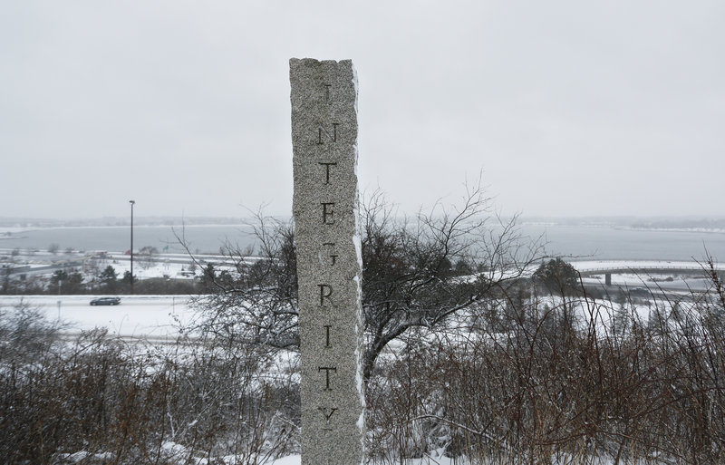 A pillar at the memorial on the Eastern Promenade bears the inscription “Integrity.”