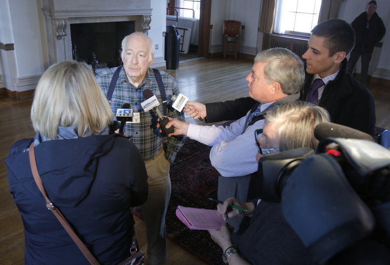 Jeff Weinstein, president of the Maine Gun Owners Association, talks with reporters after a press conference at Portland City Hall on Monday, January 14, 2012 where Mayor Michael Brennan called for controls to curb gun violence.