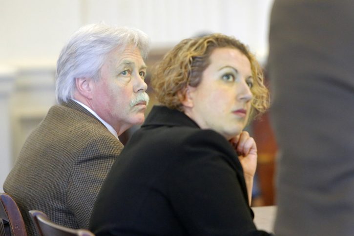 Mark Strong Sr., left, and Tina Nadeau, his co-counsel, listen to Strong's other co-counsel, Daniel Lilley, address Justice Nancy Mills on Tuesday at York County Superior Court in Alfred.