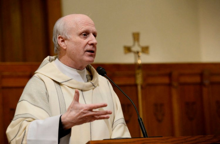 Michael Henchal speaks to parishioners at St. John the Evangelist Church in South Portland on Feb. 11, 2013. His newly disclosed affair with a church employee before his retirement in July was the subject of a "healing session" Monday night at St. Maximilian Kolbe Church in Scarborough.