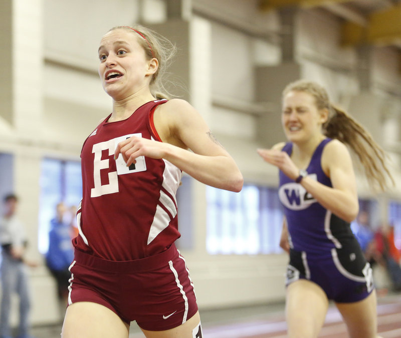 Aleta Looker of Ellsworth edges Bethanie Brown of Waterville to win the 800 meters in the Class B meet, finishing in 2:18.96.