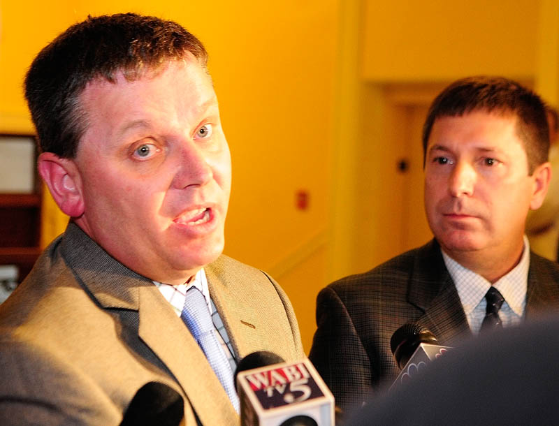 Minority Floor Leader Rep. Michael D. Thibodeau, R-WInterport, left, and Minority Leader Rep. Kenneth Fredette, R-Newport, answer questions during a news conference on Friday at the State House in Augusta.