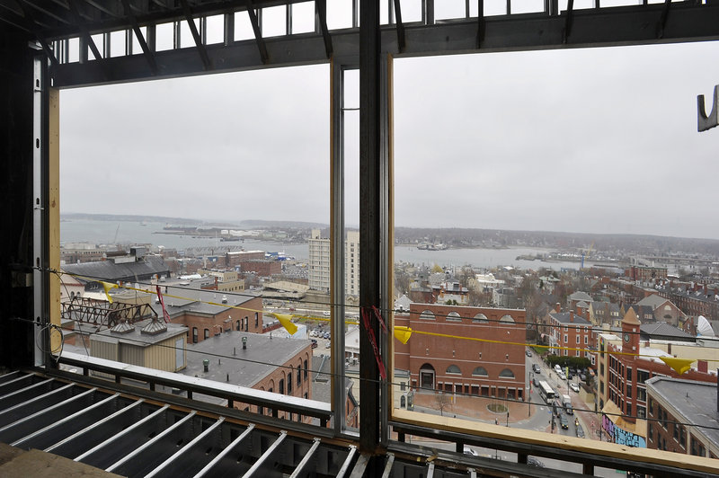 This view of Portland from the top floor of the Westin Harborview Hotel expands the original Top of the East view with more space and more views to the West. Taken on Tuesday, April 23, 2013, during a tour of the hotel formerly known as the Eastland.