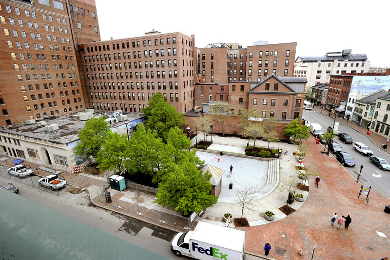 An aerial photo of Congress Square in Portland on Wednesday, May 29, 2013.